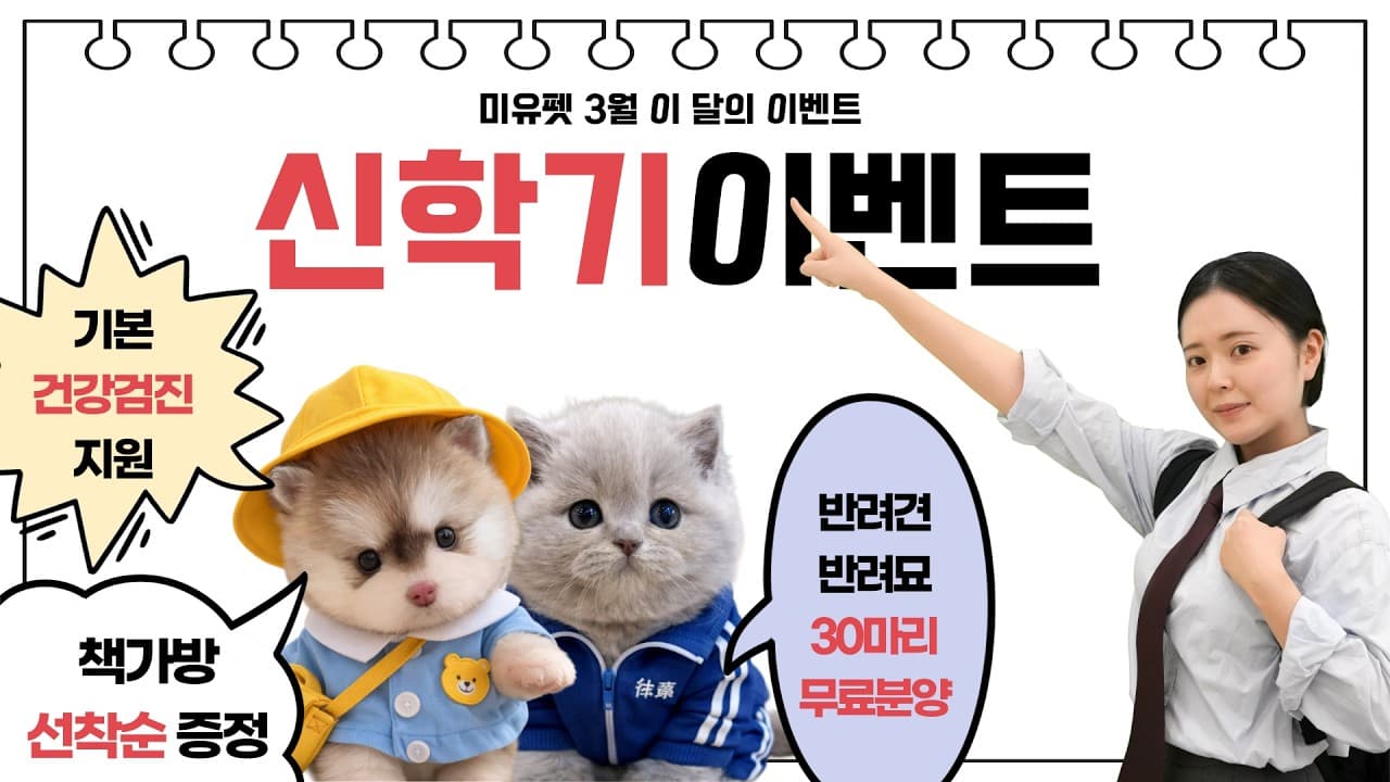 3월 새학기 입학특집 강아지15마리 고양이15마리 무료분양+건강검진 지원+선착순 책가방증정까지?!!!! 부산강아지분양 부산고양이분양